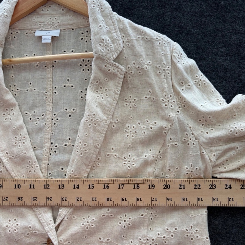 J. Jill Large Linen Blend Eyelet Floral Blazer Jacket Beige Tan Cottagecore - Picture 6 of 9